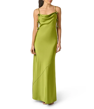 Adrianna Evening by Adrianna Papell Stretch Satin Long Dress With 3D Flower Trims