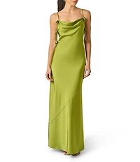 Adrianna Evening by Adrianna Papell Stretch Satin Long Dress With 3D Flower Trims
