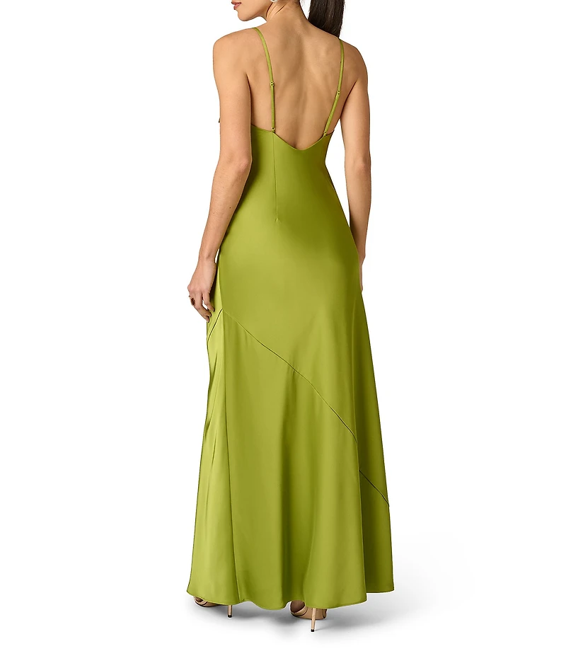 Adrianna Evening by Adrianna Papell Stretch Satin Long Dress With 3D Flower Trims