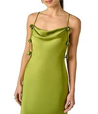 Adrianna Evening by Adrianna Papell Stretch Satin Long Dress With 3D Flower Trims