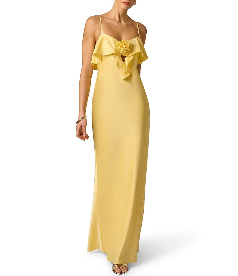 Adrianna Evening by Adrianna Papell Stretch Satin Long Dress With Front Drape and Rosette Detail