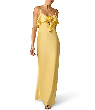 Adrianna Evening by Adrianna Papell Stretch Satin Long Dress With Front Drape and Rosette Detail