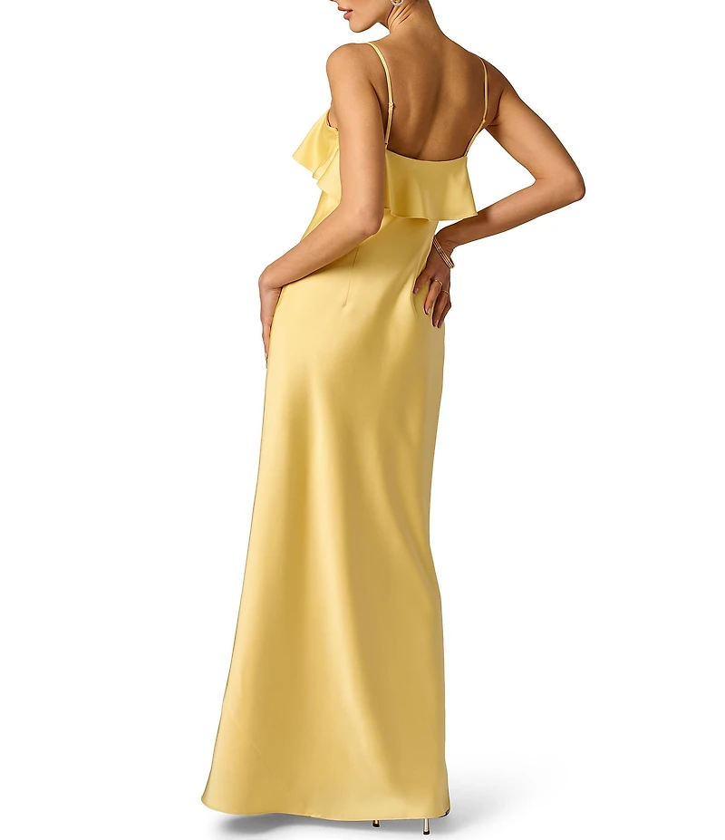 Adrianna Evening by Adrianna Papell Stretch Satin Long Dress With Front Drape and Rosette Detail