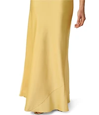 Adrianna Evening by Adrianna Papell Stretch Satin Long Dress With Front Drape and Rosette Detail