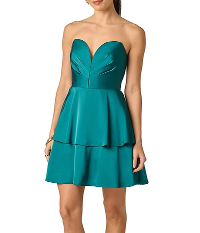 Adrianna Evening by Adrianna Papell Stretch Satin Mini Dress With Pleats and Tiered Skirt