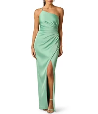 Adrianna Evening by Adrianna Papell Stretch Satin One Shoulder Neckline Sleeveless Pleated Sheath Dress