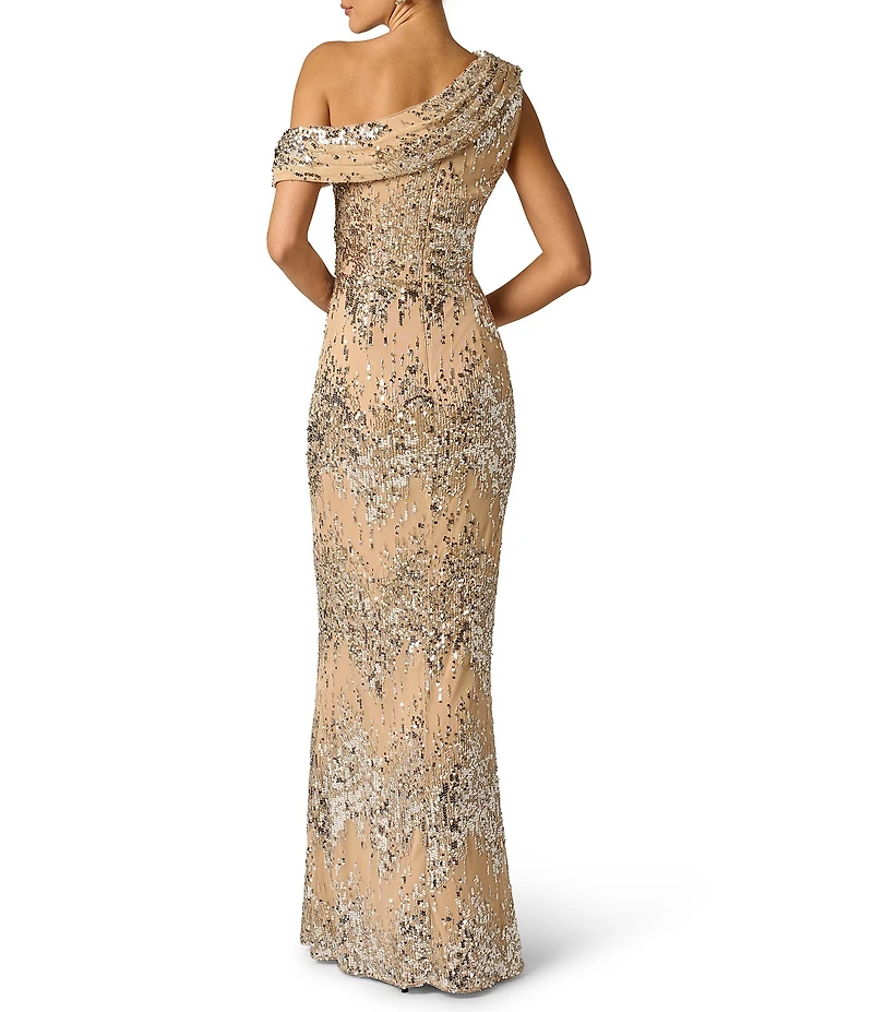 Adrianna Evening by Adrianna Papell Stretch Sequin Long One Shoulder Dress