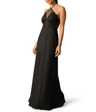Adrianna Evening by Adrianna Papell Woven Jacquard Lace Halter Long Dress
