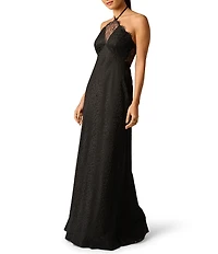 Adrianna Evening by Adrianna Papell Woven Jacquard Lace Halter Long Dress