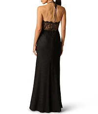 Adrianna Evening by Adrianna Papell Woven Jacquard Lace Halter Long Dress