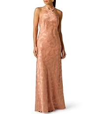 Adrianna Evening by Adrianna Papell Woven Jacquard Long Halter Sleeveless Dress