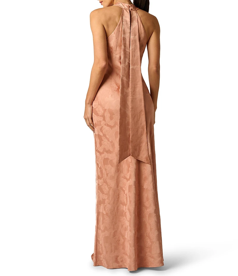 Adrianna Evening by Adrianna Papell Woven Jacquard Long Halter Sleeveless Dress