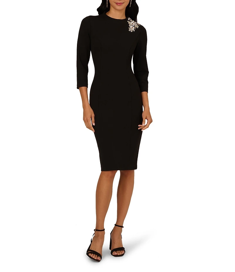 Adrianna Papell 3D Beaded Floral Shoulder Mock Neck 3/4 Sleeve Stretch Crepe Dress