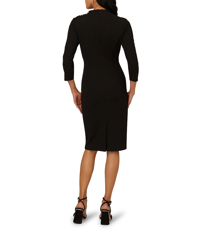 Adrianna Papell 3D Beaded Floral Shoulder Mock Neck 3/4 Sleeve Stretch Crepe Dress