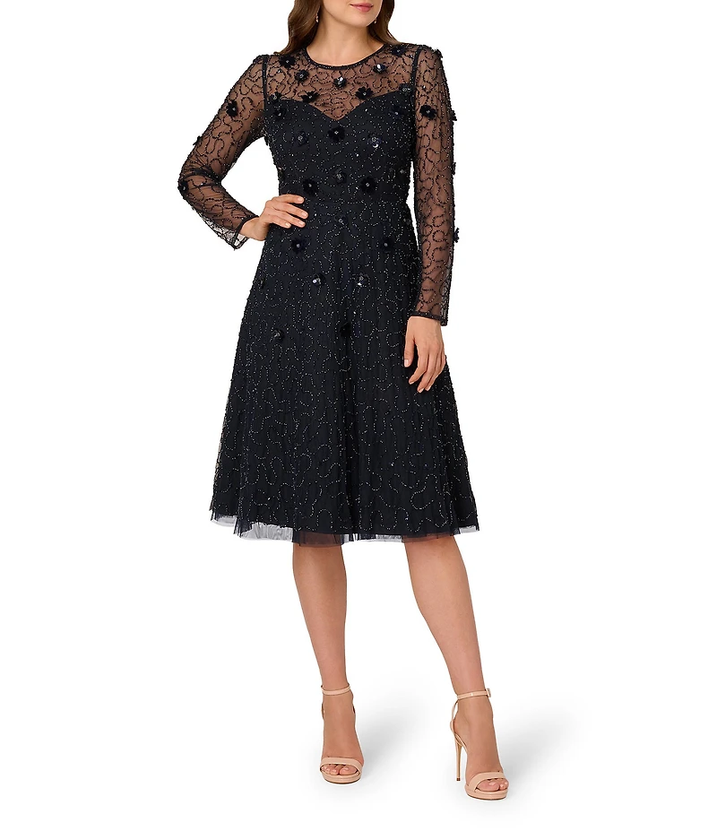 Adrianna Papell 3D Beaded Mesh Long Sleeve Midi Length