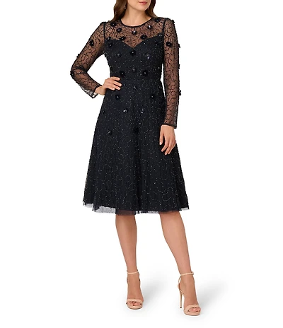 Adrianna Papell 3D Beaded Mesh Long Sleeve Midi Length