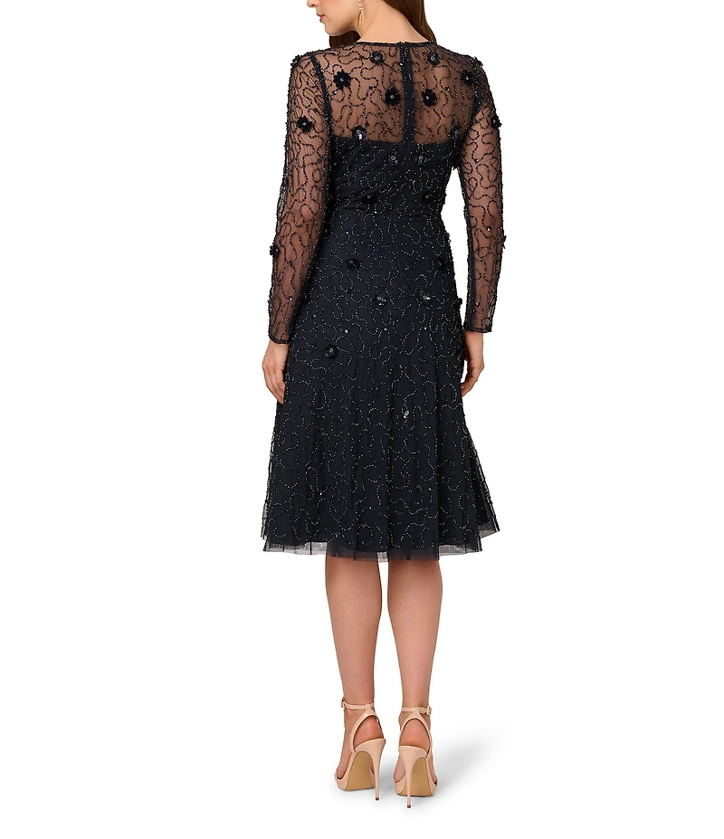 Adrianna Papell 3D Beaded Mesh Long Sleeve Midi Length