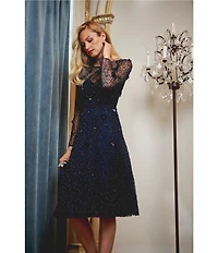 Adrianna Papell 3D Beaded Mesh Long Sleeve Midi Length