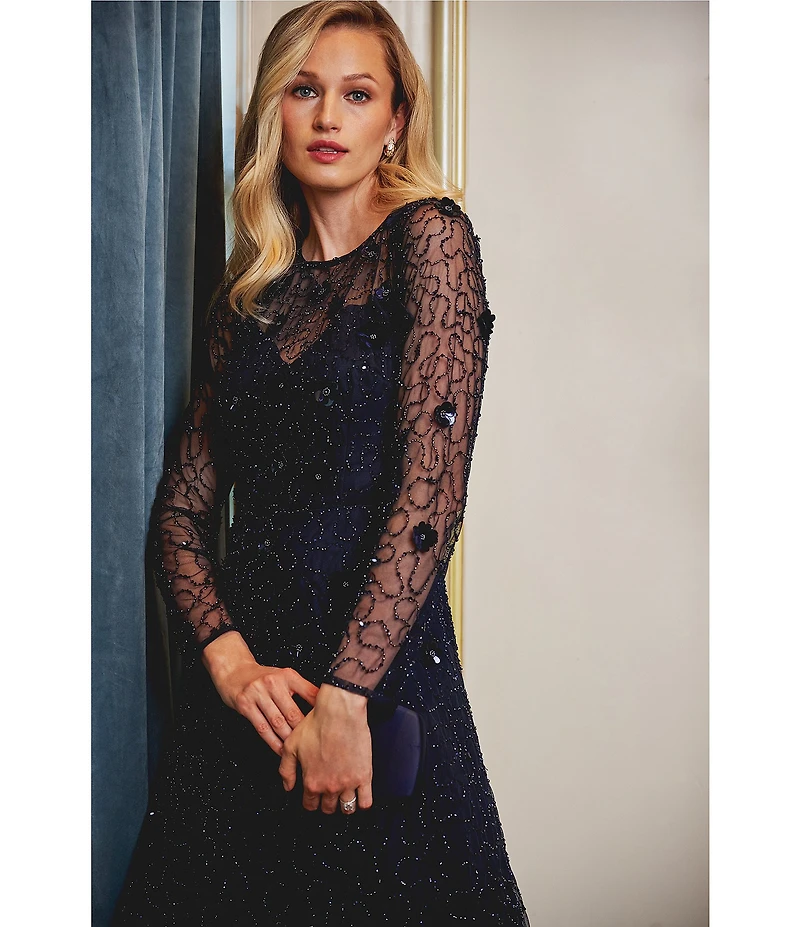 Adrianna Papell 3D Beaded Mesh Long Sleeve Midi Length