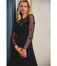 Adrianna Papell 3D Beaded Mesh Long Sleeve Midi Length