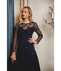 Adrianna Papell 3D Beaded Mesh Long Sleeve Midi Length