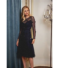 Adrianna Papell 3D Beaded Mesh Long Sleeve Midi Length