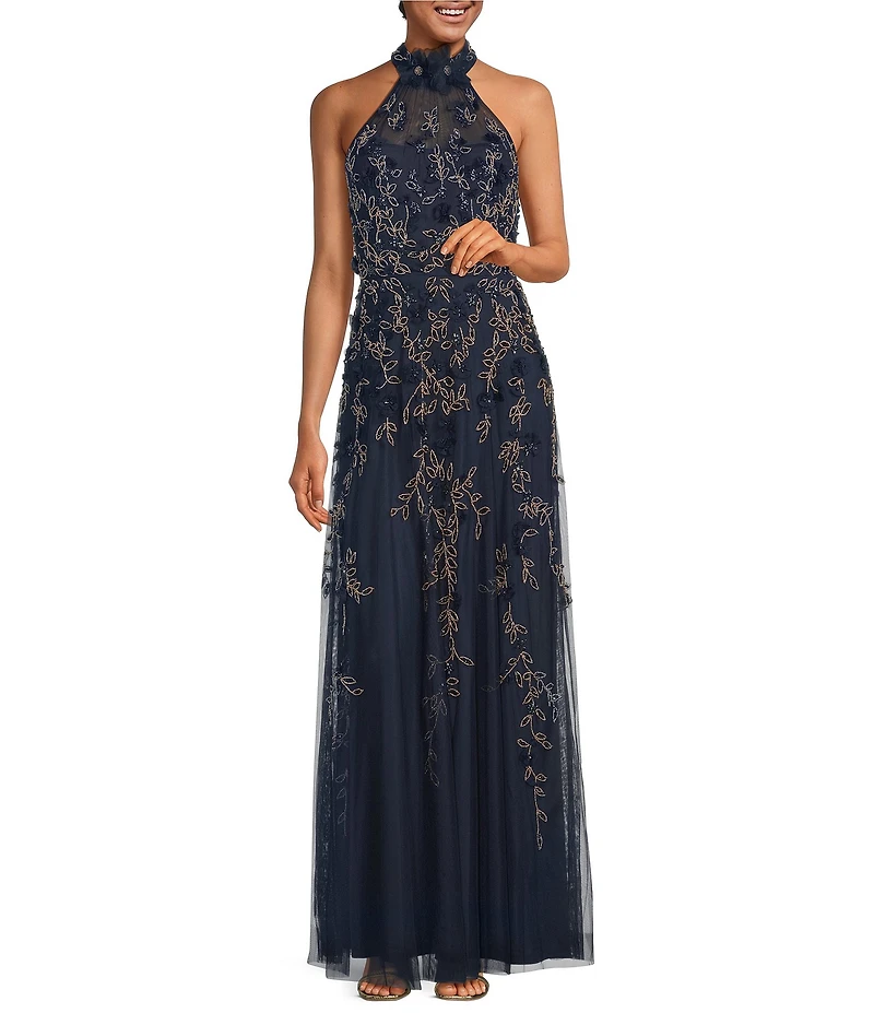 Adrianna Papell 3D Beaded Petal Sleeveless Halter Mesh Long Gown