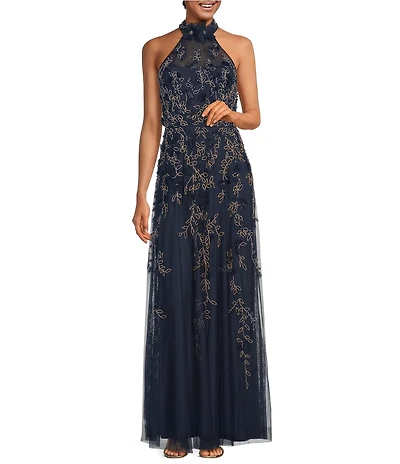 Adrianna Papell 3D Beaded Petal Sleeveless Halter Mesh Long Gown