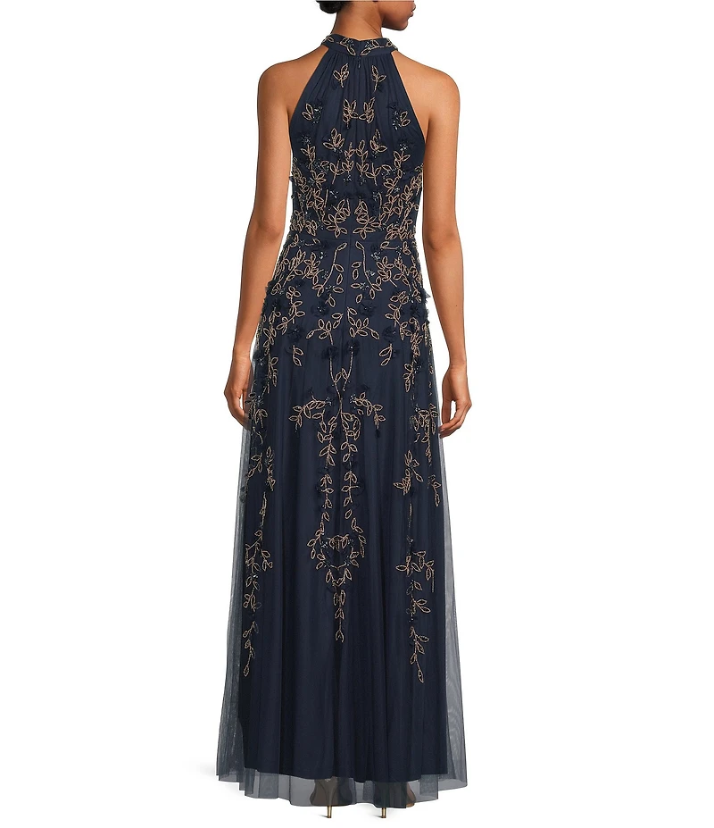 Adrianna Papell 3D Beaded Petal Sleeveless Halter Mesh Long Gown