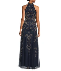 Adrianna Papell 3D Beaded Petal Sleeveless Halter Mesh Long Gown