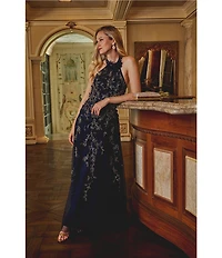 Adrianna Papell 3D Beaded Petal Sleeveless Halter Mesh Long Gown