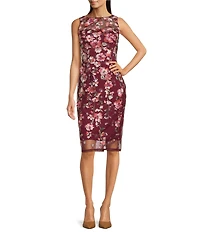 Adrianna Papell 3D Embroidered Floral Boat Neck Sleeveless Midi Dress