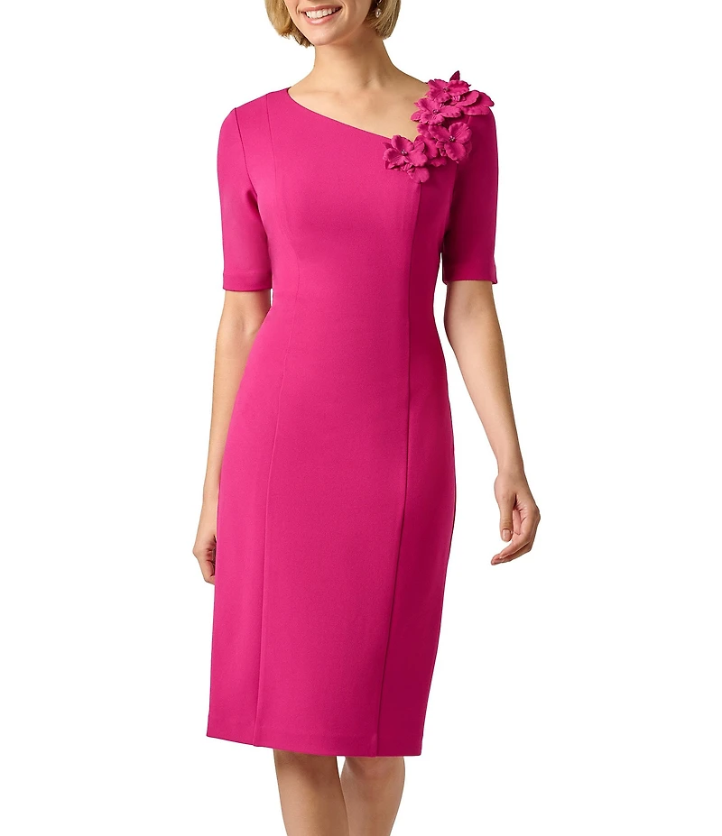 Adrianna Papell 3D Floral Applique Crepe Asymmetrical Neckline Short Sleeve Midi Dress