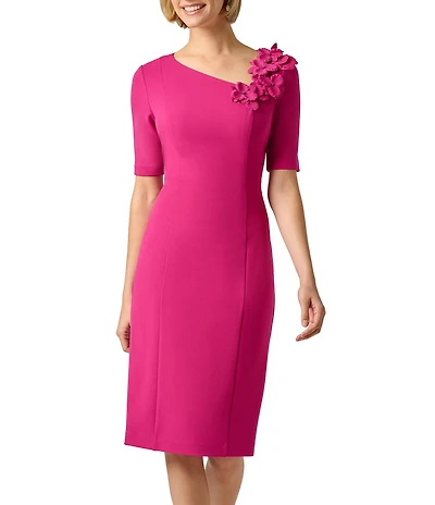 Adrianna Papell 3D Floral Applique Crepe Asymmetrical Neckline Short Sleeve Midi Dress