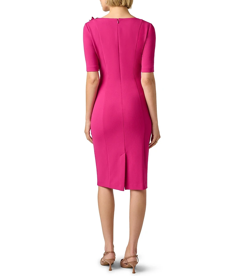 Adrianna Papell 3D Floral Applique Crepe Asymmetrical Neckline Short Sleeve Midi Dress