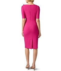 Adrianna Papell 3D Floral Applique Crepe Asymmetrical Neckline Short Sleeve Midi Dress
