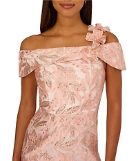 Adrianna Papell 3D Floral Jacquard Off-The-Shoulder Gown