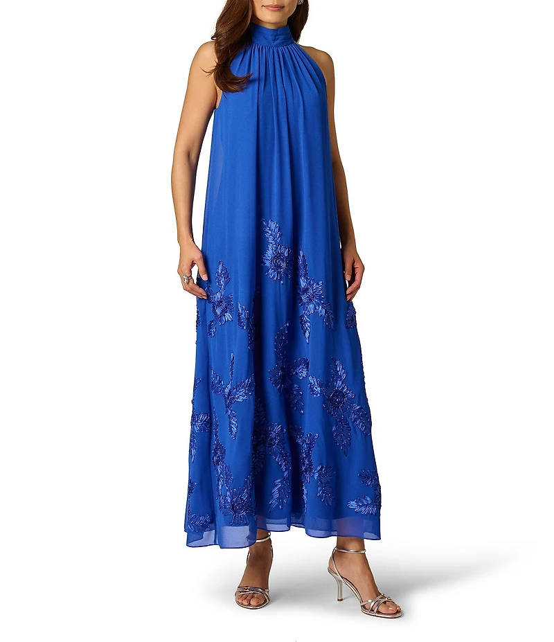 Adrianna Papell 3D Soutache Beaded Chiffon Halter Neck Midi Dress