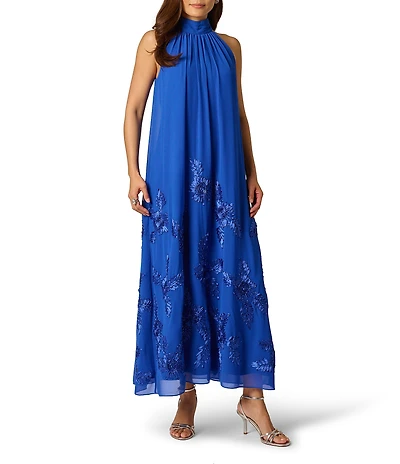 Adrianna Papell 3D Soutache Beaded Chiffon Halter Neck Midi Dress