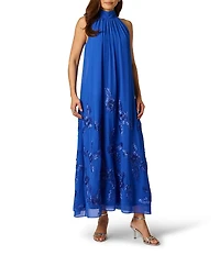 Adrianna Papell 3D Soutache Beaded Chiffon Halter Neck Midi Dress