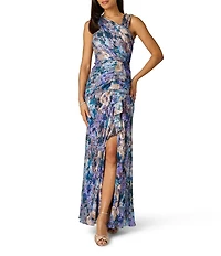 Adrianna Papell Asymmetric Neck Sleeveless Metallic Crinkle Long Dress