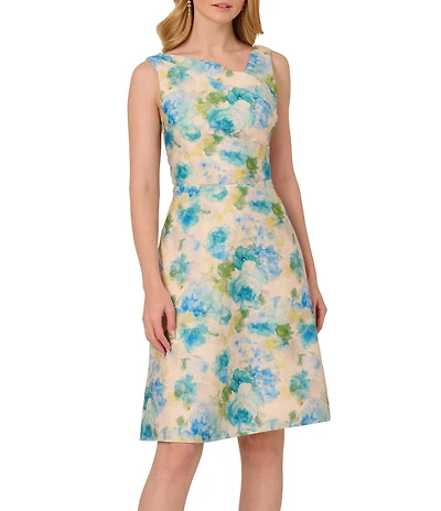 Adrianna Papell Asymmetrical Beck Floral Jacquard Fit & Flare Party Dress