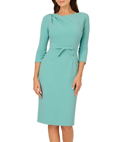 Adrianna Papell Asymmetrical Drape Neck 3/4 Sleeve Sheath Midi Dress