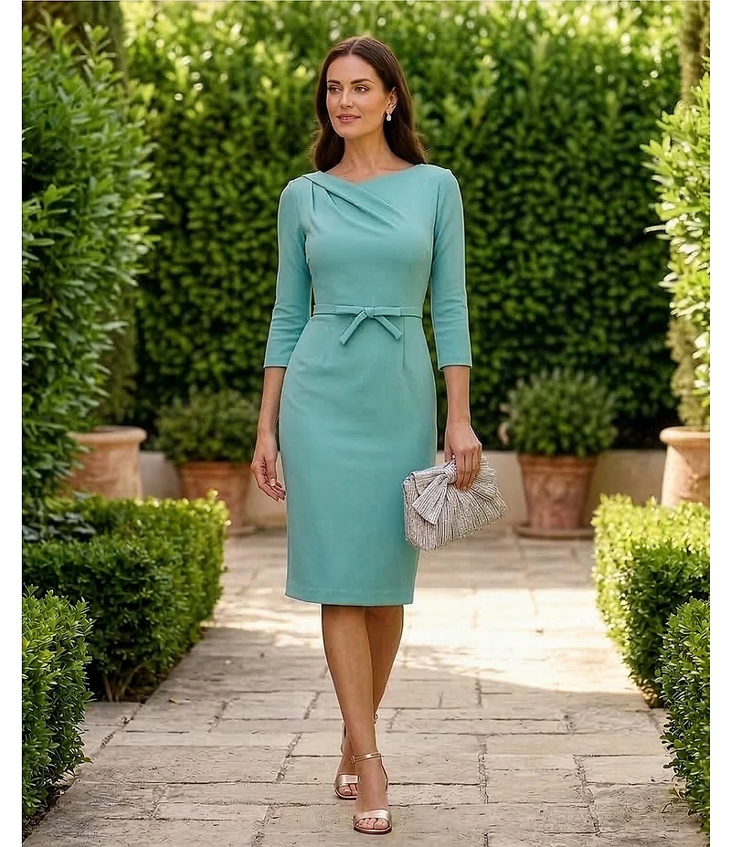 Adrianna Papell Asymmetrical Drape Neck 3/4 Sleeve Sheath Dress