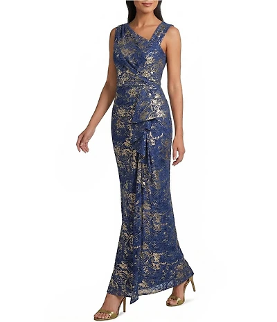 Adrianna Papell Asymmetrical Neck Metallic Lace Gown