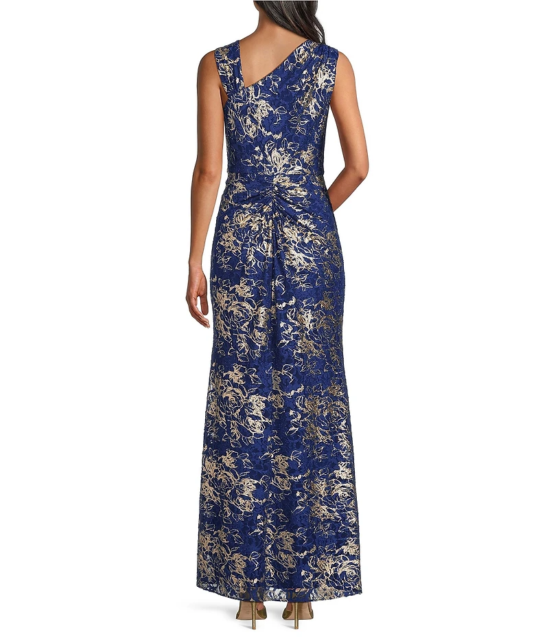 Adrianna Papell Asymmetrical Neck Metallic Lace Gown