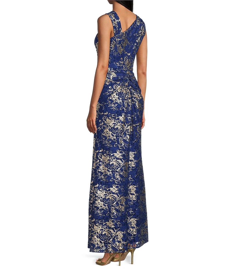 Adrianna Papell Asymmetrical Neck Metallic Lace Gown