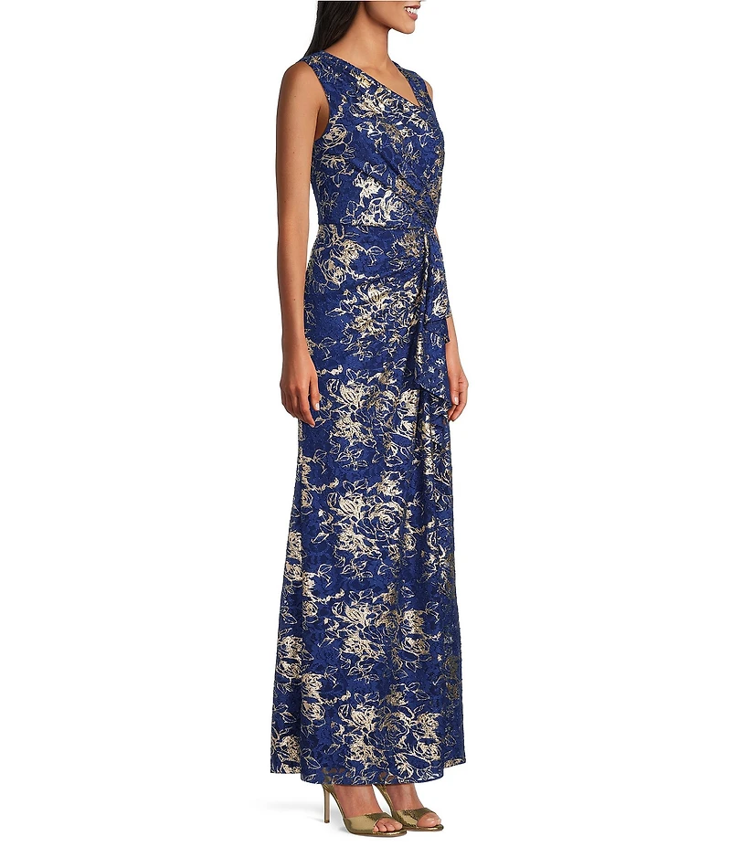 Adrianna Papell Asymmetrical Neck Metallic Lace Gown