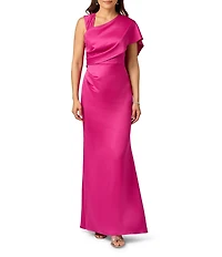 Adrianna Papell Asymmetrical Neck Satin Crepe Draped Gown