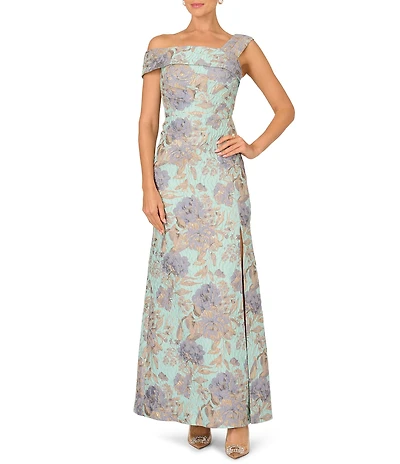 Adrianna Papell Asymmetrical Neck Side Slit Floral Jacquard Long Gown